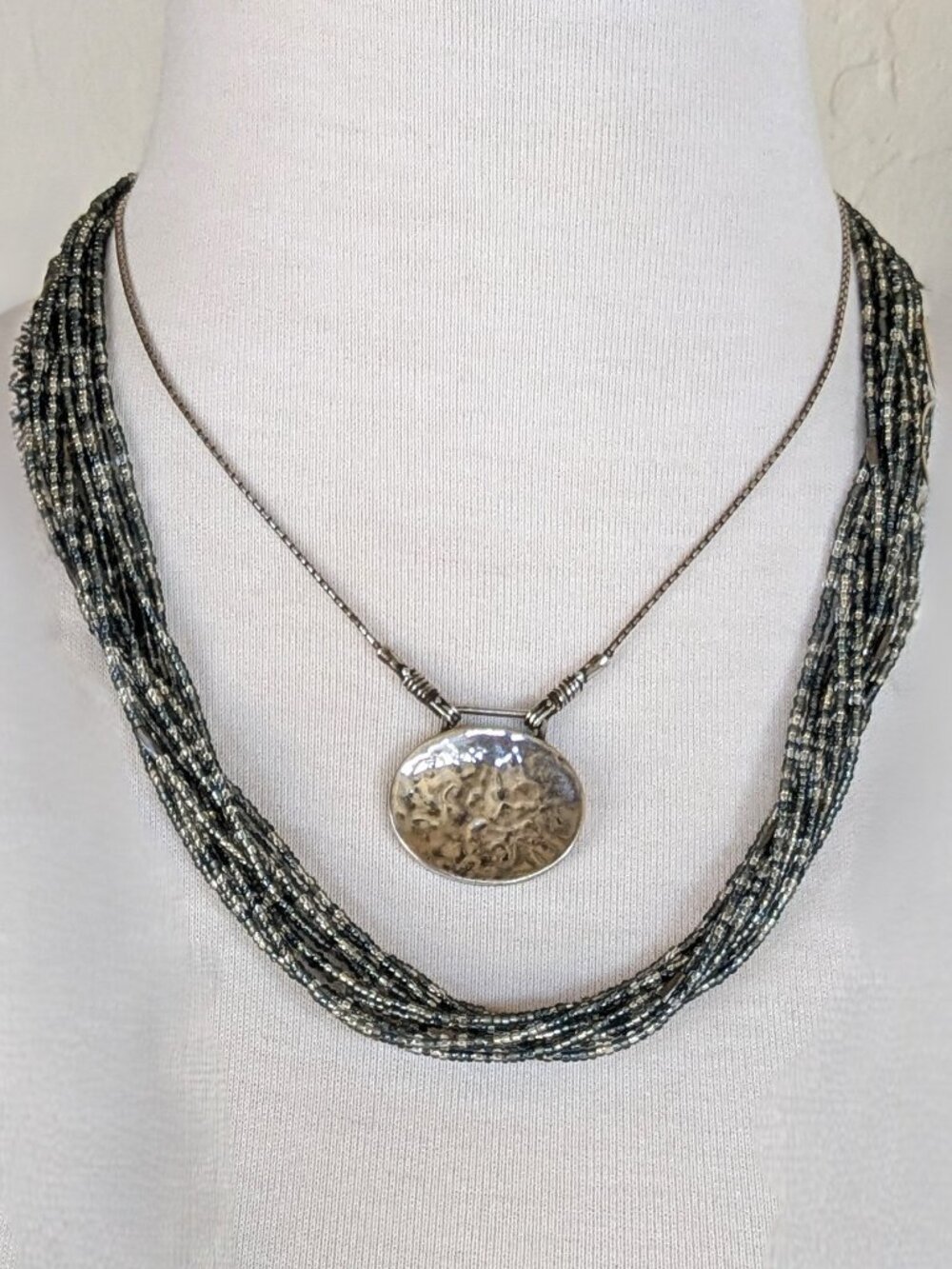 Two Silpada Necklaces N1356 Hammered Disk Pendant & N2115 Multi-Strand Glass Bea